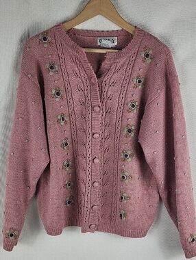 Vintage Pink Knit Embroidered Cardigan Sweater Size Large